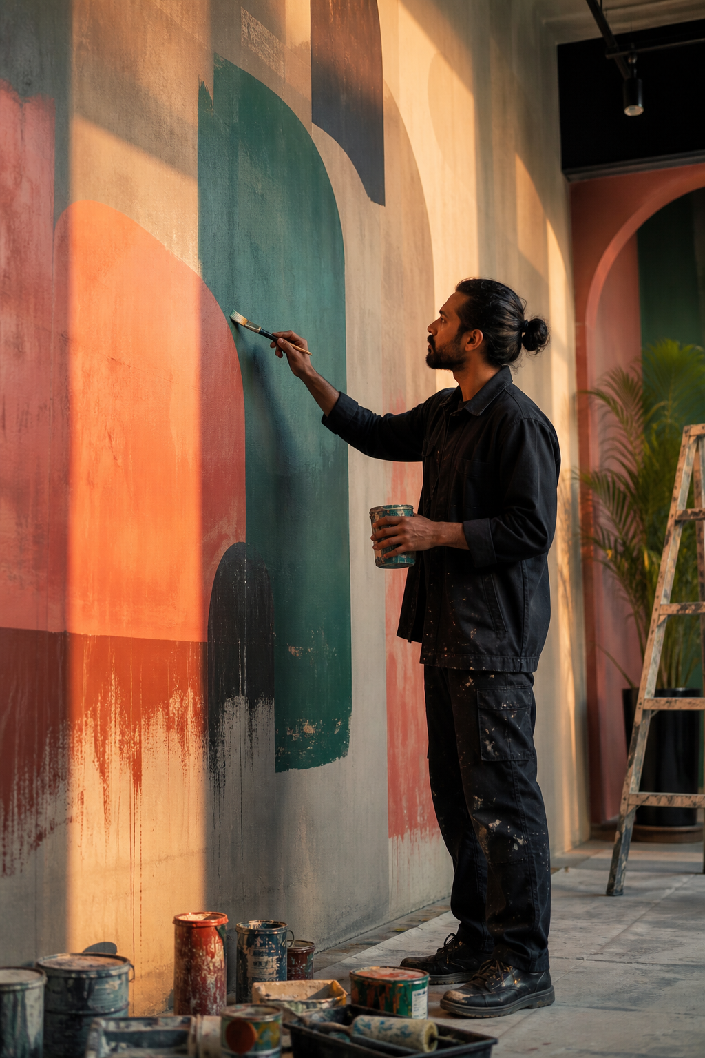 Artist painting a large contemporary wall mural