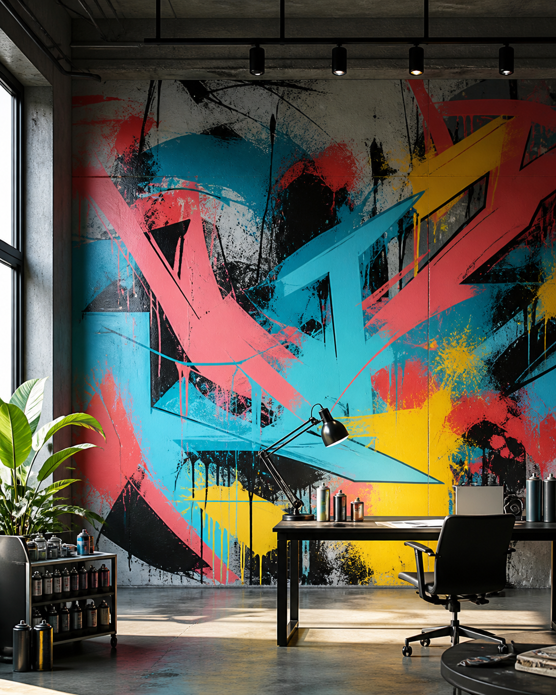 Bold graffiti artwork in a commercial studio