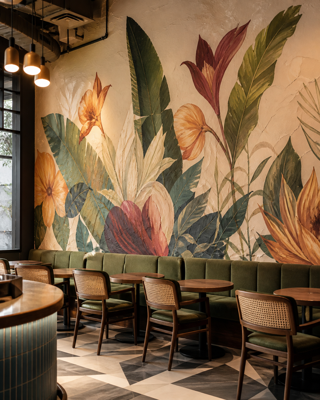 Custom botanical mural in a premium cafe