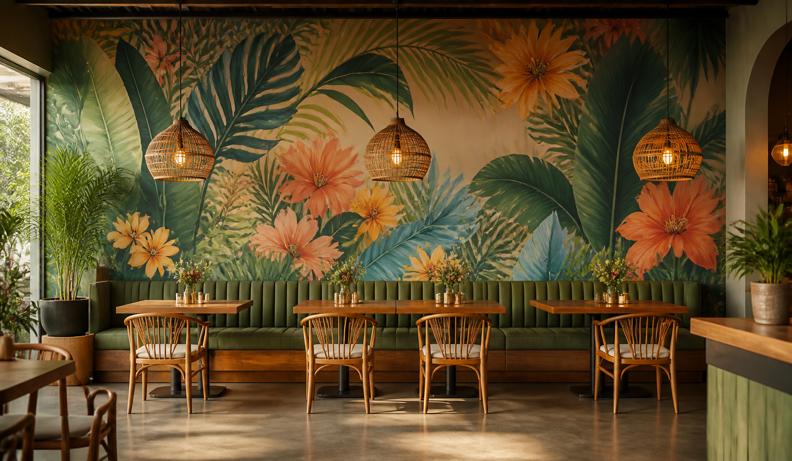 Cafe wall after a hand-painted tropical mural transformation